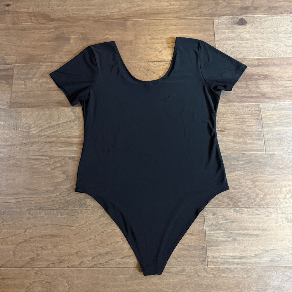 Halogen Womens XL Black Short Sleeve Scoop Neck Snap Gusset Bodysuit Stretch - Picture 3 of 6